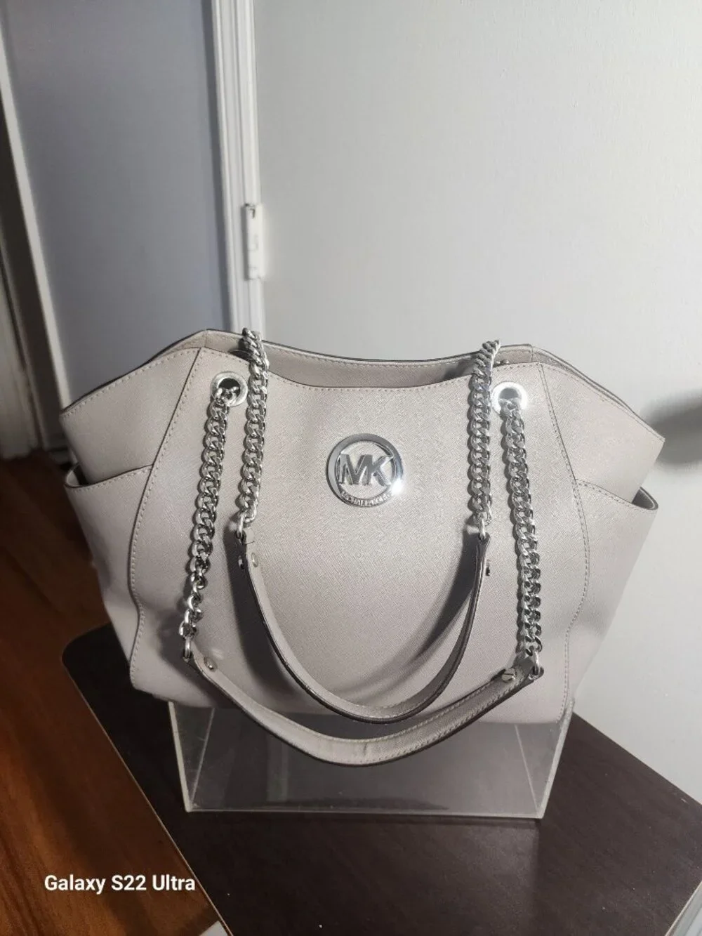 Michael Kors Gray Saffiano Leather Tote Bag With Chain/Leather Strap & Logo Acce